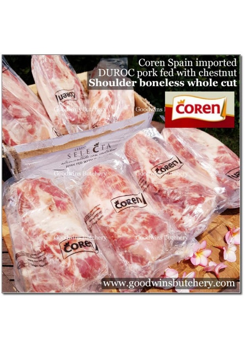 Pork Collar Boston butt Kapsim SHOULDER BONELESS SKIN OFF frozen COREN DUROC SELECTA (fed with chestnuts) WHOLE CUT +/- 2.5kg (price/kg)